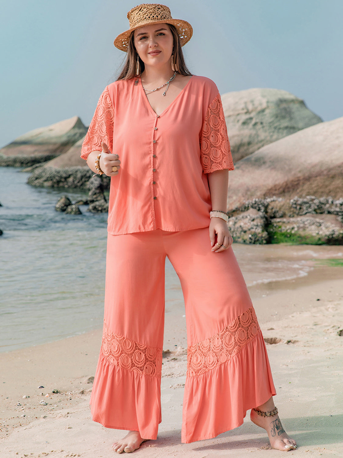 Plus Size Lacy Coral Ruffle Hem Pants Set