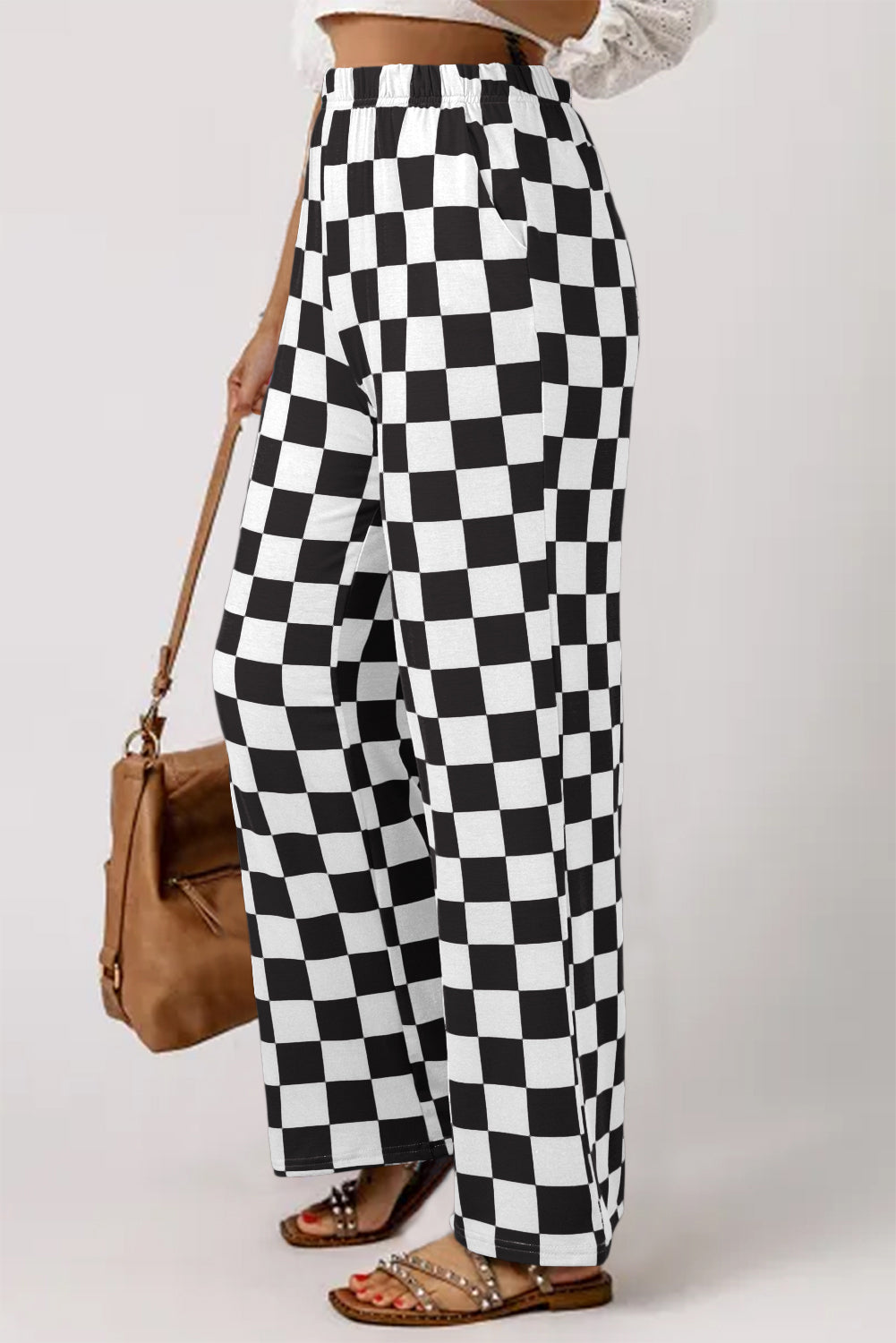 B&W Checkered Print High Waist Wide Leg Pants