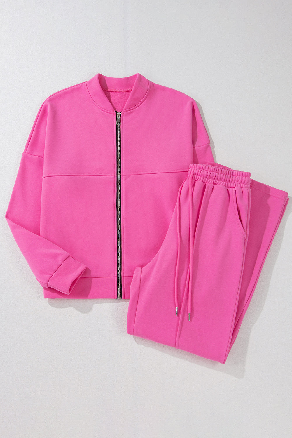 Bright Pink Solid Seamed Zipper Drawstring Waist Pants Set