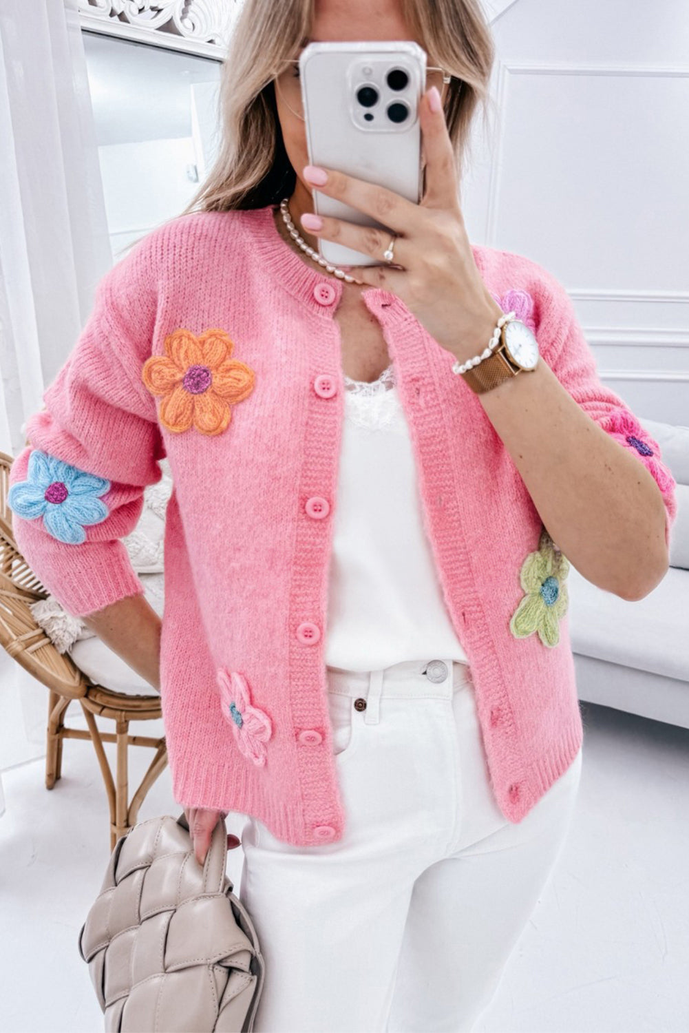 Pink Knit Floral Button Up Cardigan