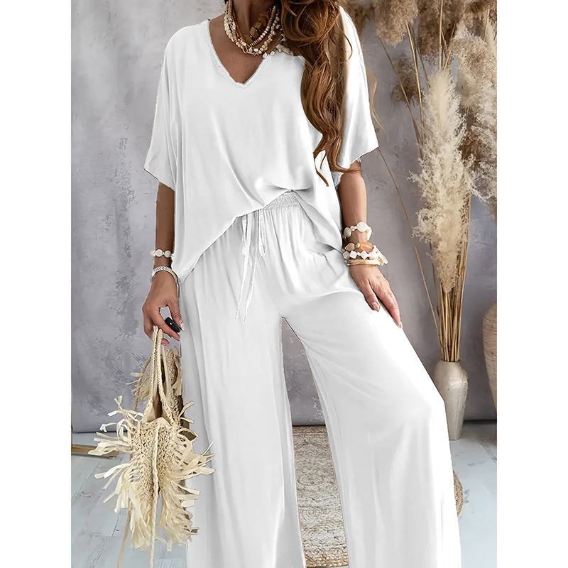 Solid Color V-Neck Half Sleeve Top And Wide Leg Pants Set