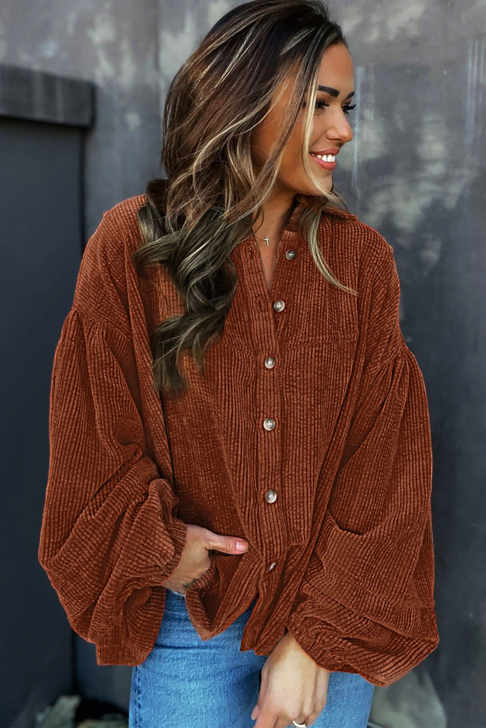 Coffee Corduroy Puff Sleeve Shacket