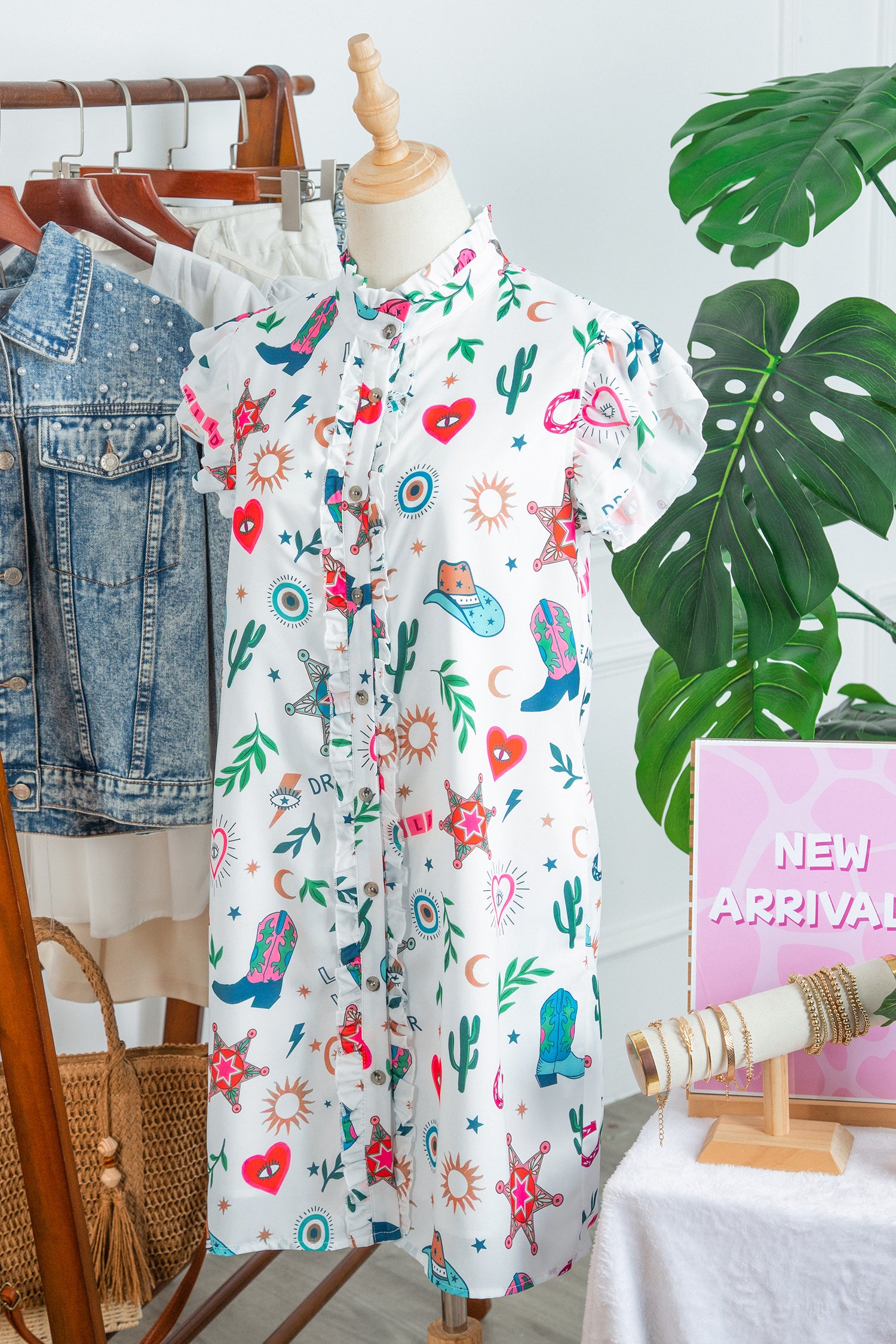 Western Print Flutter Sleeve Mini Dress – Button Down Boho Cowgirl Dress Dear-Lover Dropshipping Dresses/Mini Dresses
