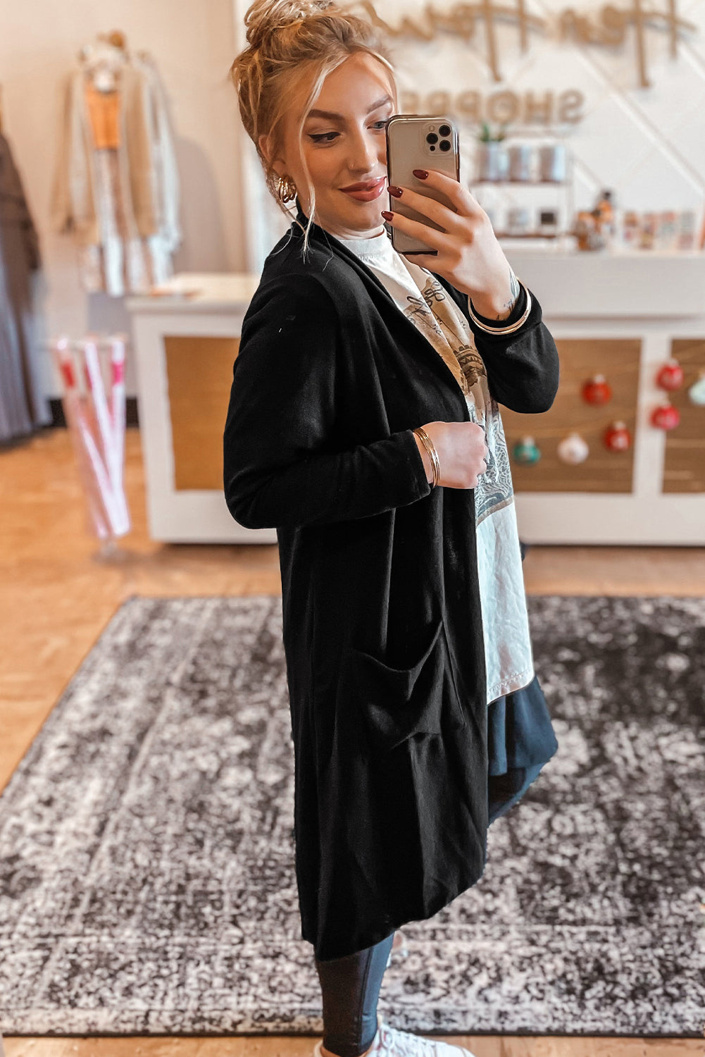 Black Knee Length Open Front Cardigan