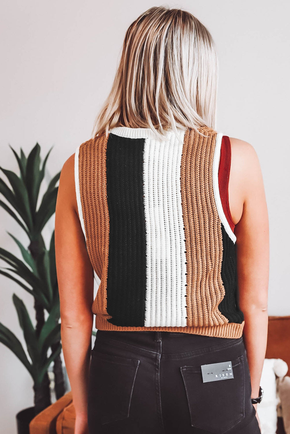 Khaki Stripe Color Block Sleeveless Sweater