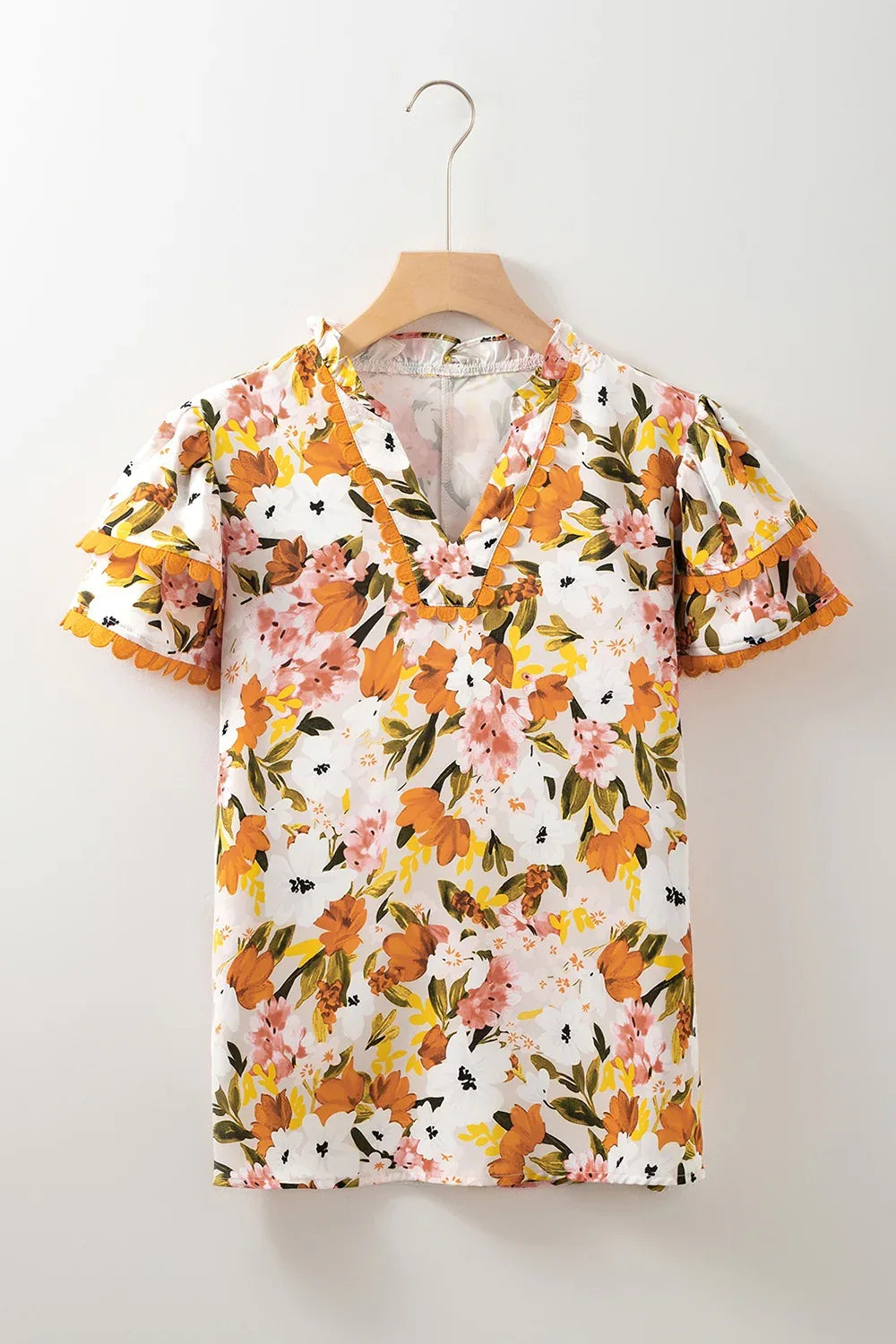 Ruffled Notched Short Sleeve Floral Blouse Bazaare Mart Orange Floral Top