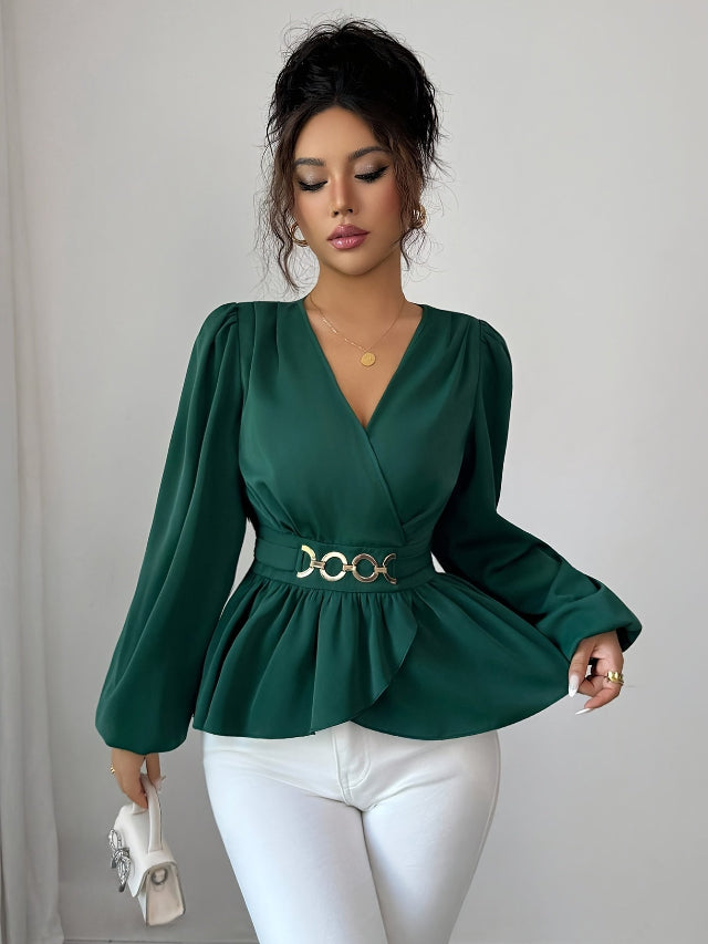 Dark Green V-Neck Long Bishop Sleeve Peplum Blouse