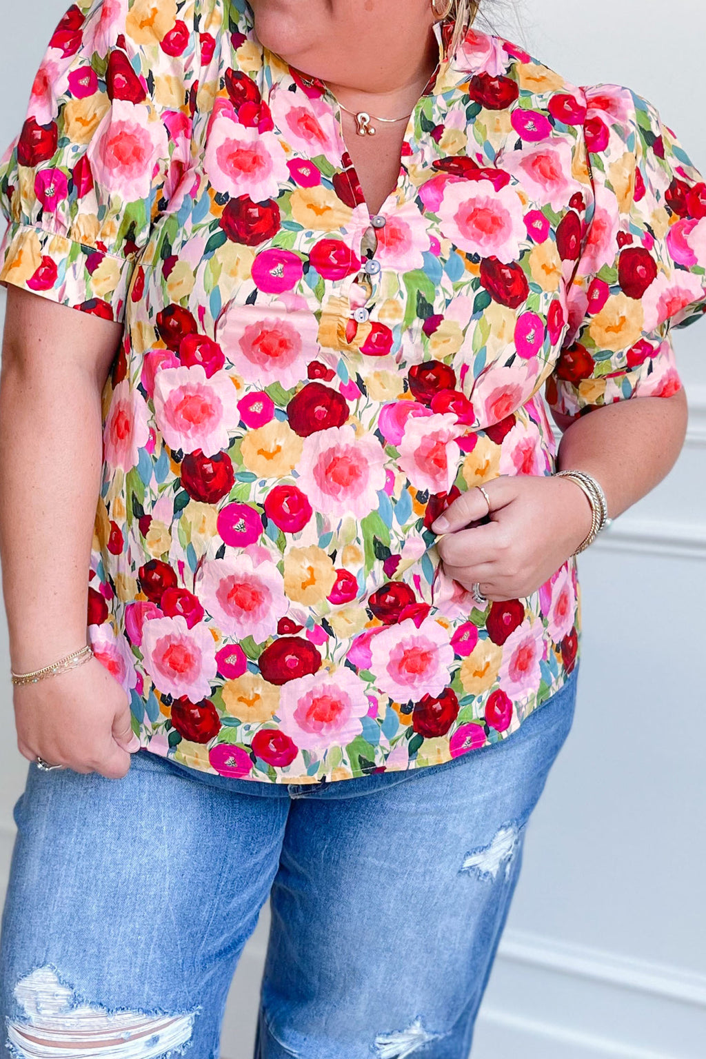 Plus Size Floral Split V-Neck Top – Puff Sleeve Button Detail Blouse Pink 55%Cotton+45%Viscose Dear-Lover Dropshipping Plus Size/Plus Size Tops/Plus Size Blouses & Shirts