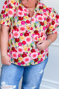 Plus Size Floral Split V-Neck Top – Puff Sleeve Button Detail Blouse Pink 55%Cotton+45%Viscose Dear-Lover Dropshipping Plus Size/Plus Size Tops/Plus Size Blouses & Shirts