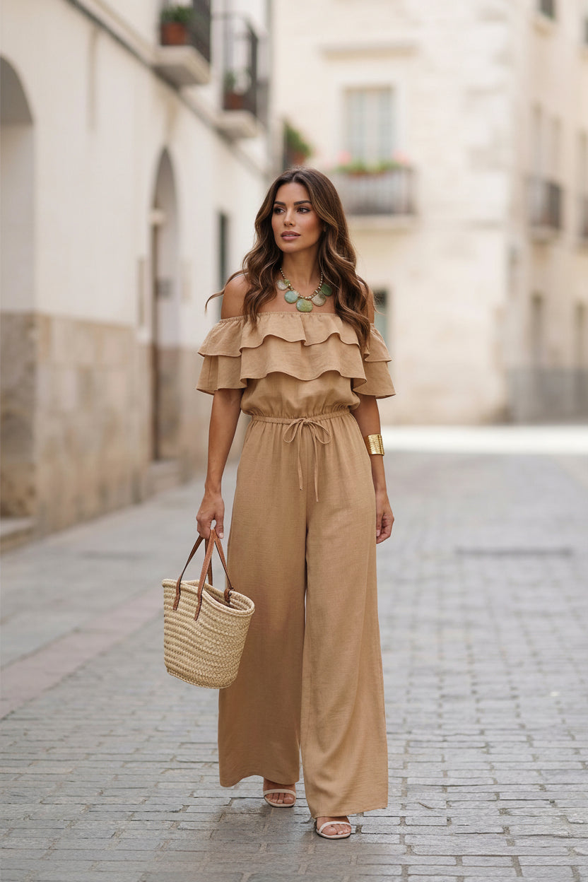 Women’s Ruffled Off-Shoulder Cinched Waist Wide Leg Jumpsuit Khaki CJ Dropshipping Ruffle Top Jumpsuit