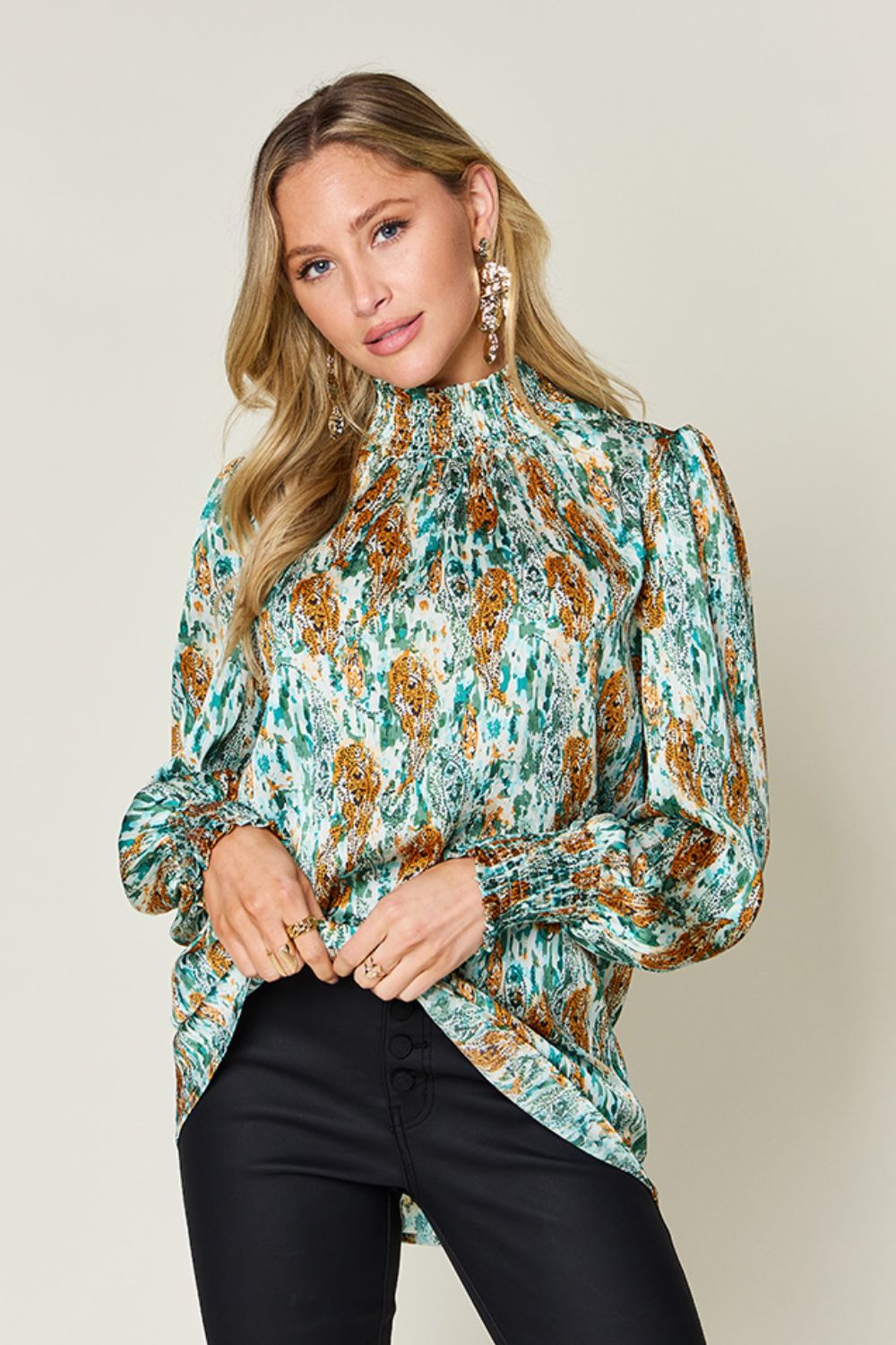 Abstract Smocked High Neck Long Sleeve Blouse