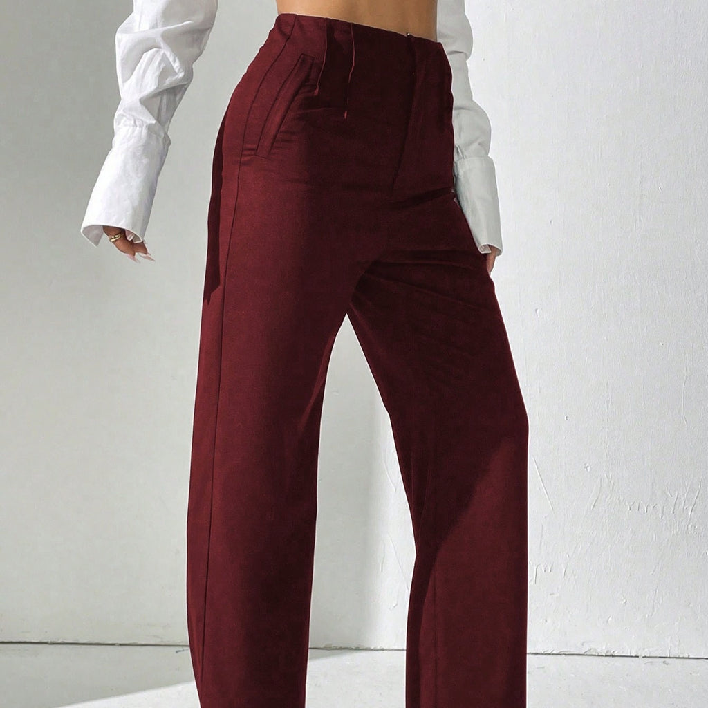 Solid Color Straight Leg High Waisted Slacks