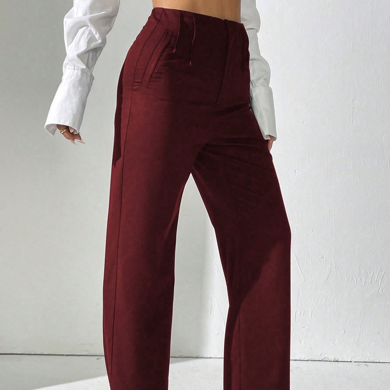 Solid Color Straight Leg High Waisted Slacks