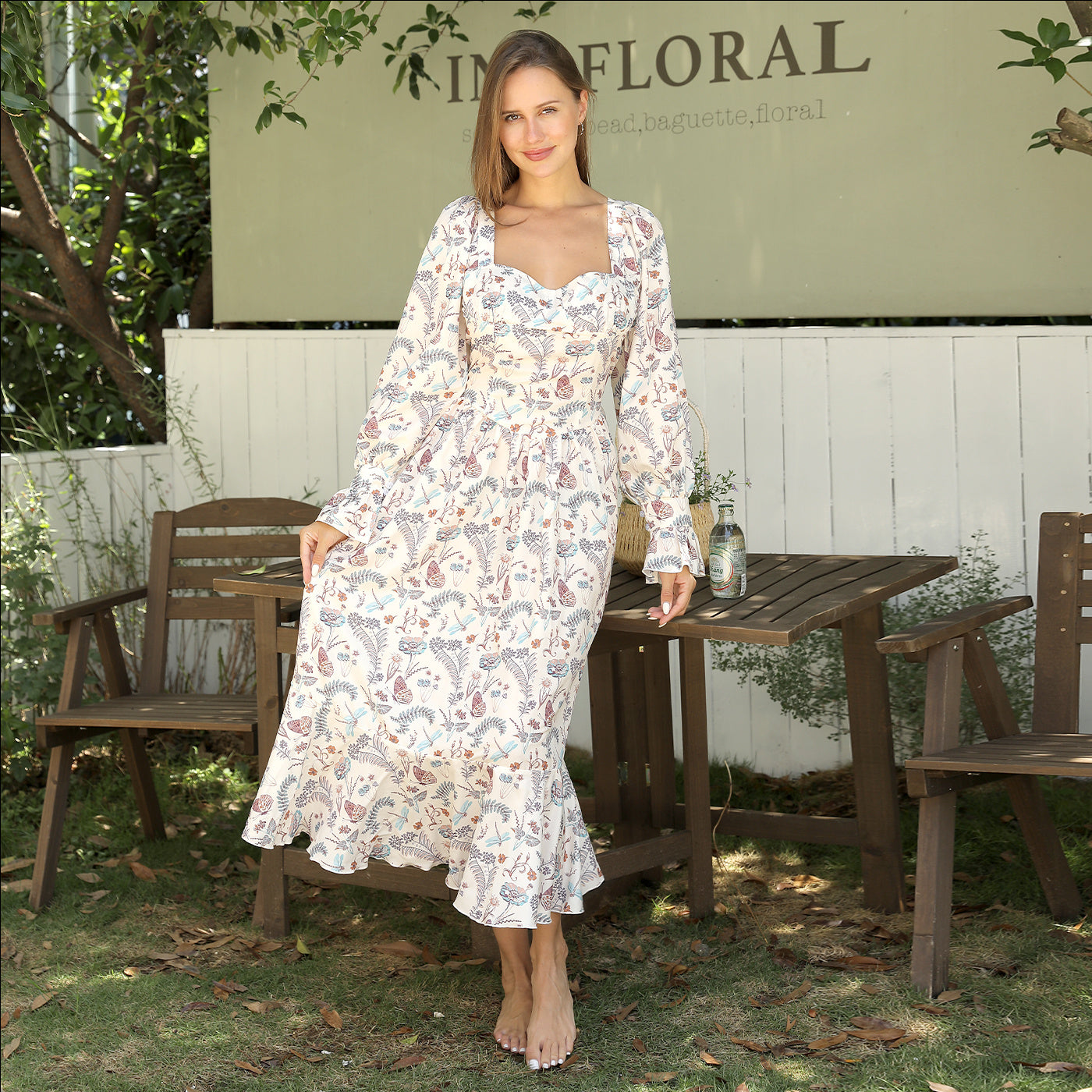 Floral Sweetheart Neck Long Puff Ruffle Sleeve Midi Dress
