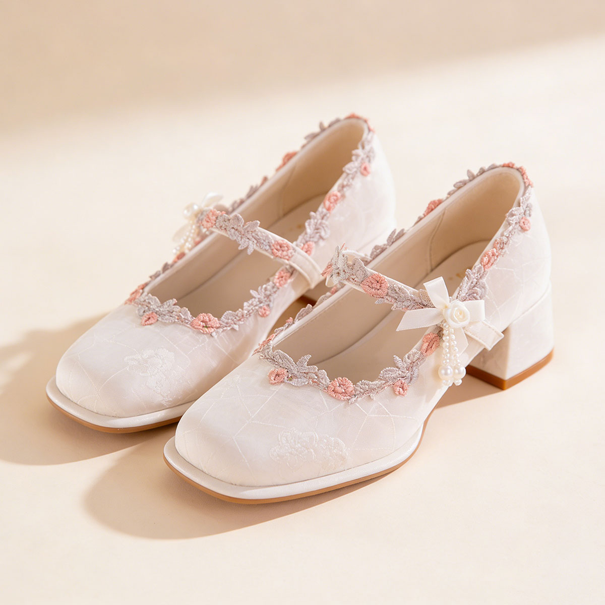 Oriental Jacquard Satin Mary Jane Heels – Embroidered Pearl Square Toe Dress Shoes CJ Dropshipping Flower Girl Shoes