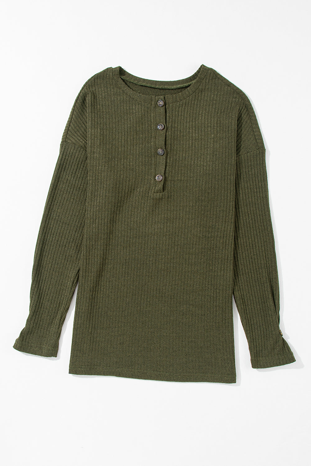 Army Green Rib Textured Henley Knit Top