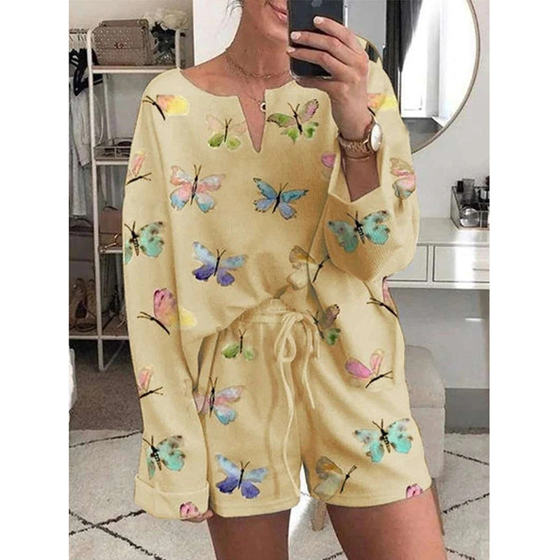 Women’s Butterfly Print Pajama Set – Casual Long Sleeve Loungewear Shorts Outfit Yellow CJ Dropshipping Shorts Set