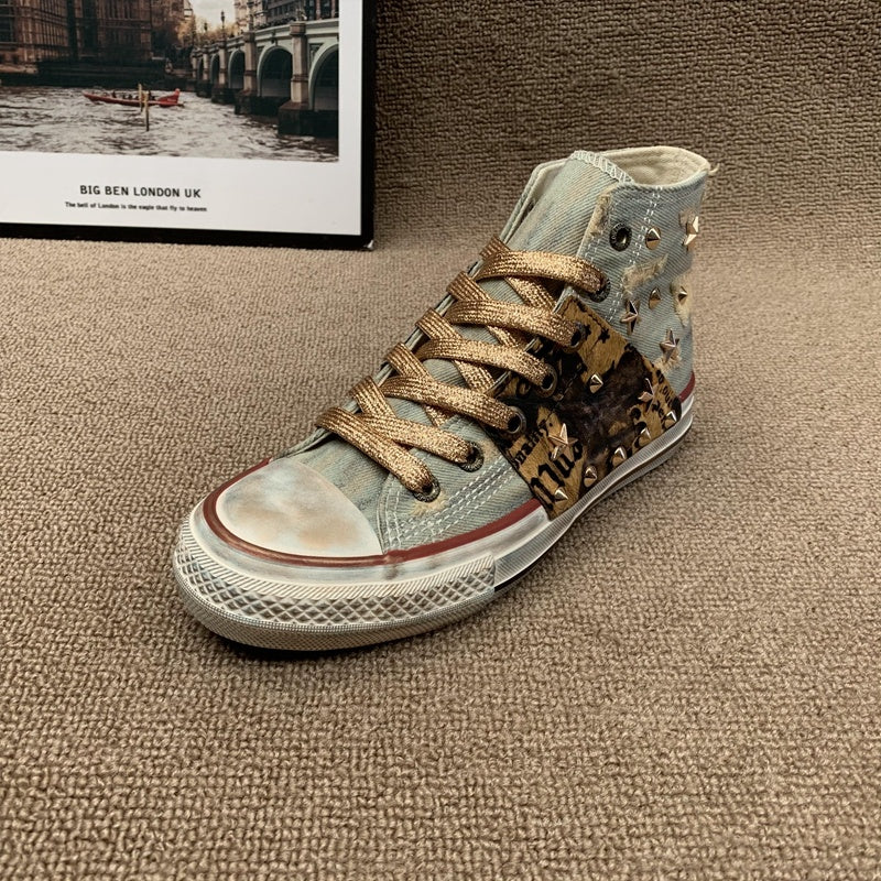 Distressed Riveted Denim High Top Shoes