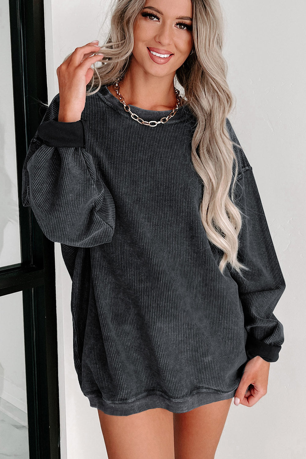 Plain Corded Crew Neck Sweatshirt