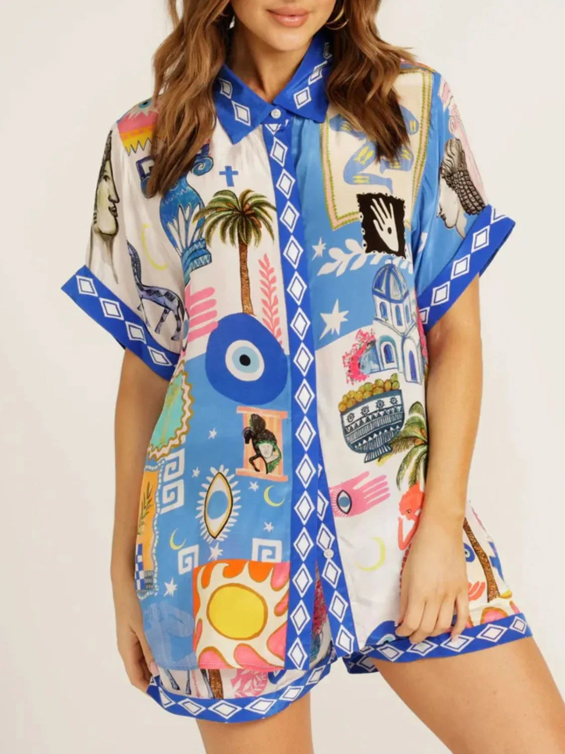 Abstract Button Up Shorts Set Bazaare Mart Button Up Half Sleeve Top and Shorts Set