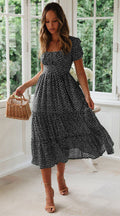 Short Puff Sleeve Floral Tiered Dress Black CJ Dropshipping Ditsy Tiered Peasant Dress