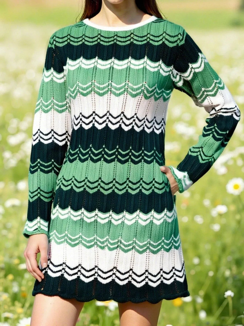 Openwork Wave Pattern Long Sleeve Sweater Dress Trendsi Striped Sweater Dress