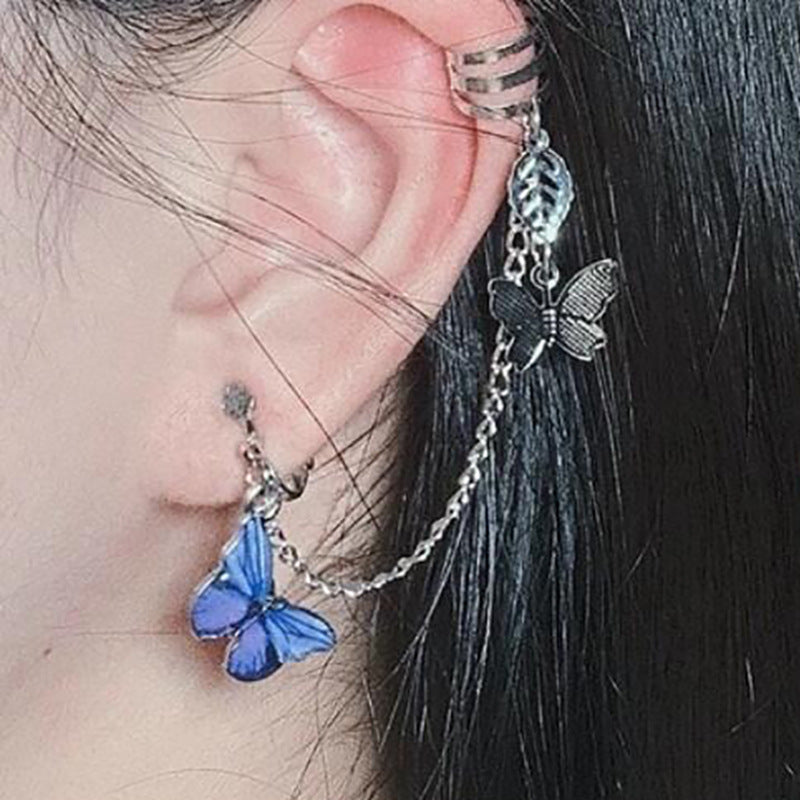 Silver Blue butterfly chain ear cuff