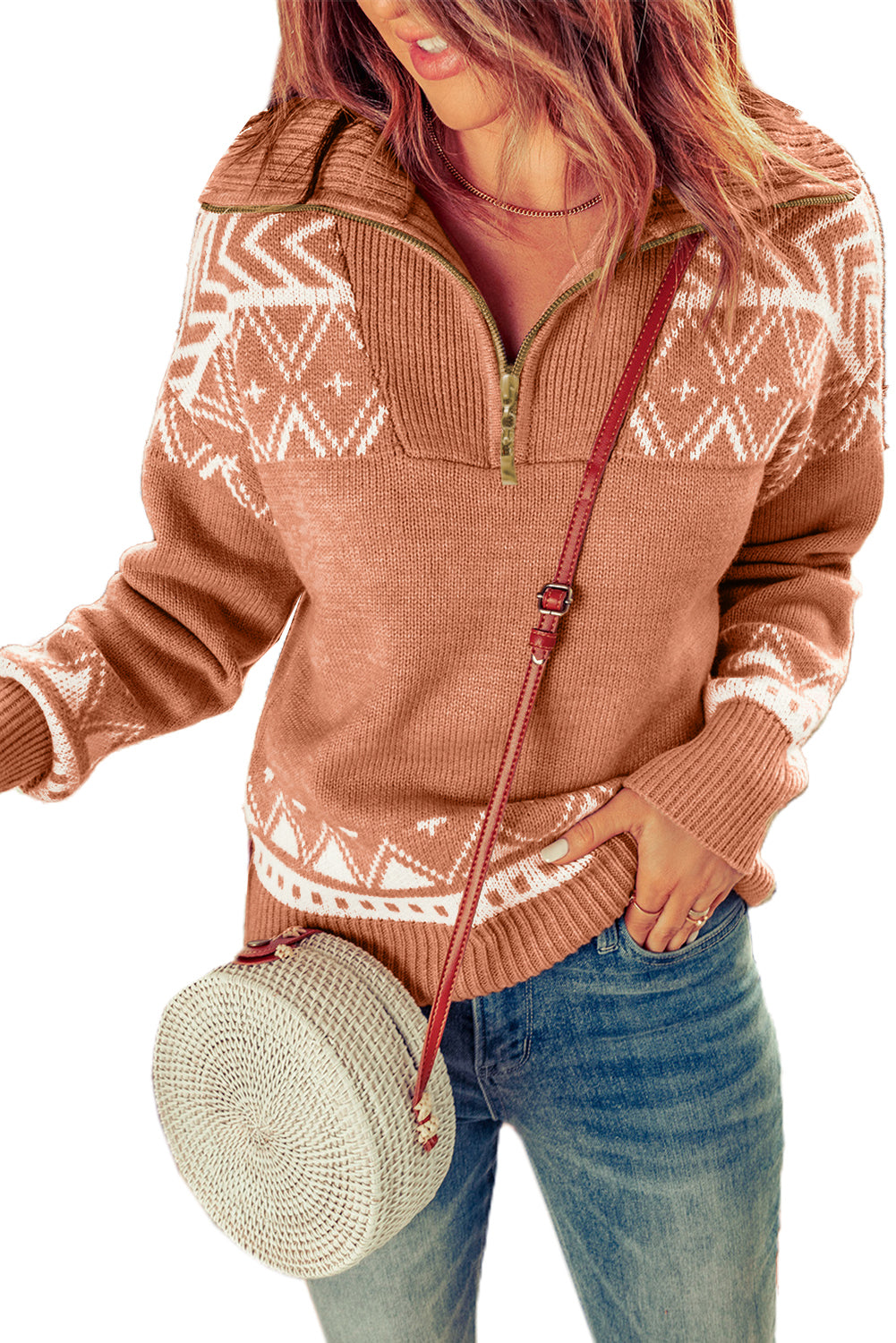 Pink Geometry Knit Quarter Zip Sweater