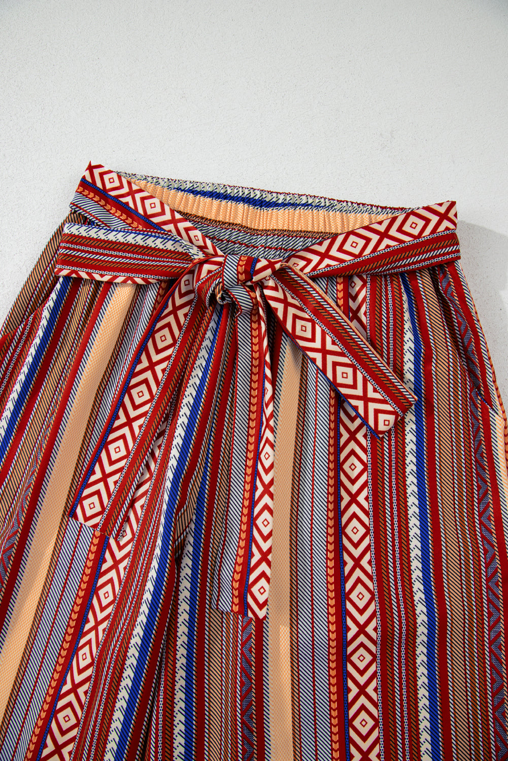 Red Boho Ethnic Striped Print Tie Waist Wide Leg Pants