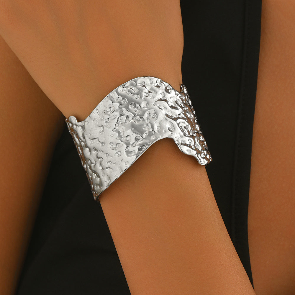 Wide Stainless Steel Artisan Hammered Bracelet