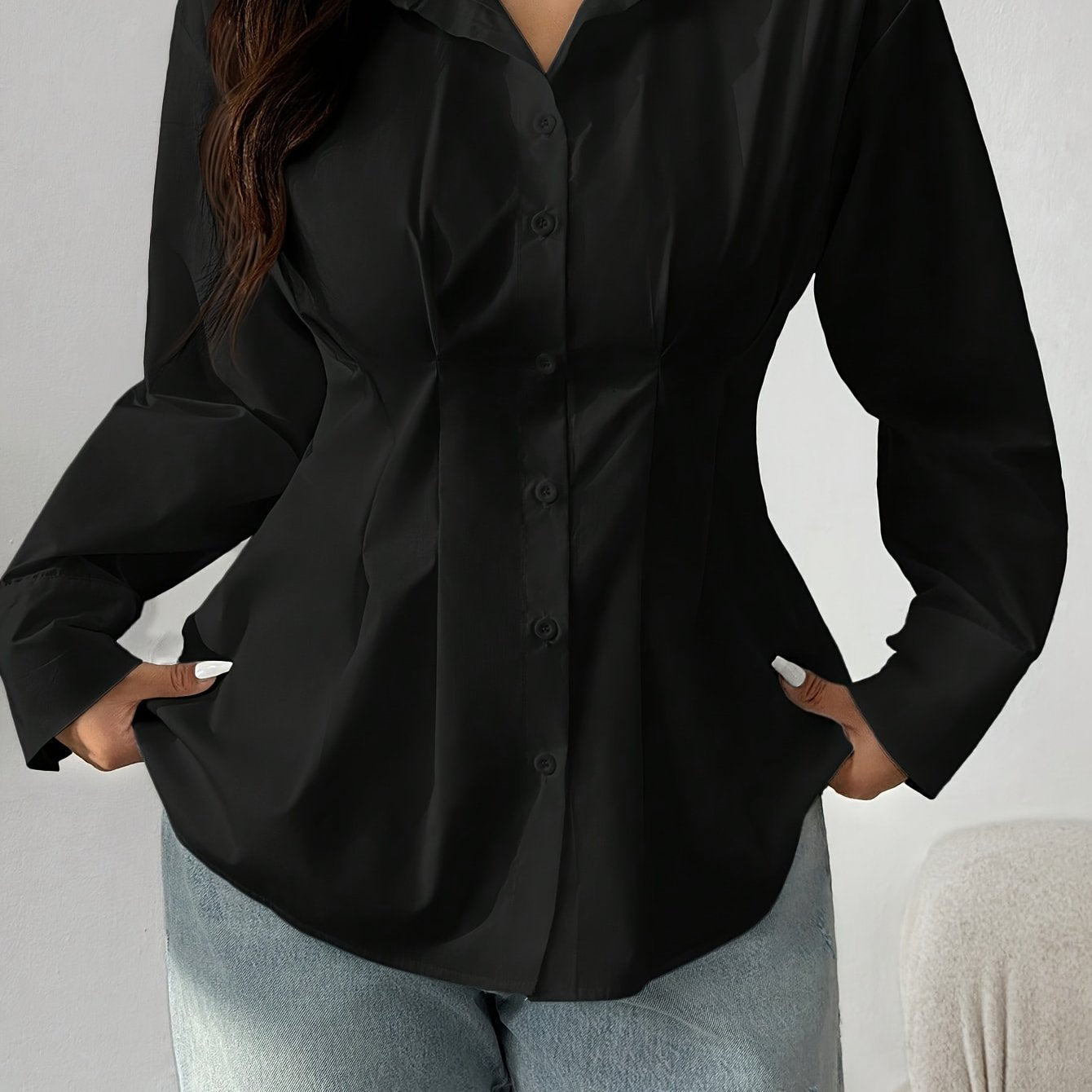 Women's Long Sleeve Button Up Cinched Waist Blouse
