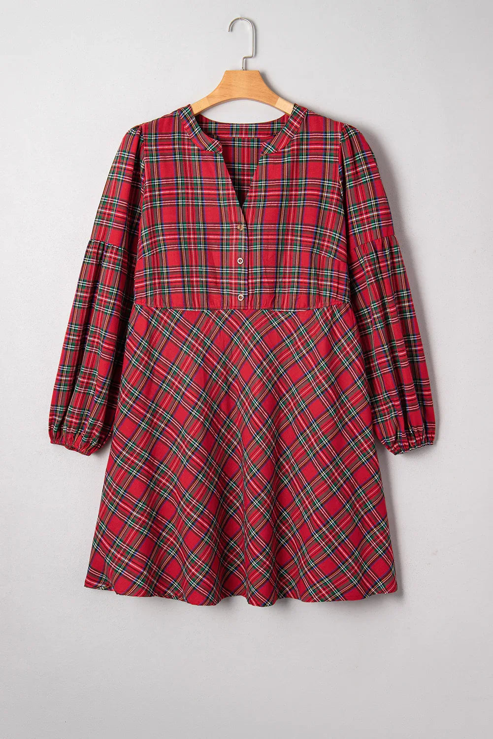 Red Plaid Half Button Long Sleeve Dress Bazaarre Mart Plus Size/Plus Size Dresses/Plus Size Mini Dresses