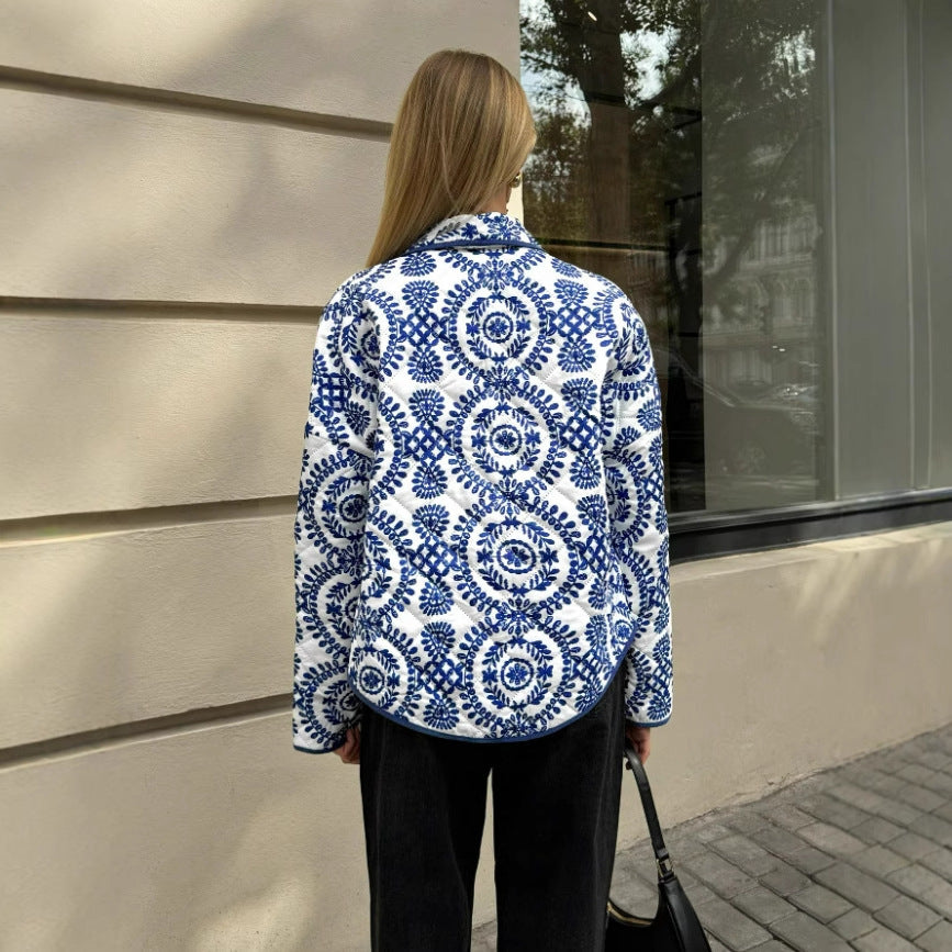 Blue and White Mandala Quilted Jacket