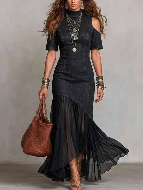 Cold-Shoulder Short-Sleeve Mesh-hem Maxi Dress Black CJ Dropshipping Denim Maxi Dress