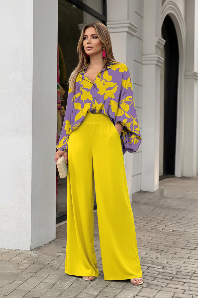 Women's Printed Shirt Wide Leg Pants Fashion Casual Set Yellow CJ Dropshipping 2 pc. Pants Outfit