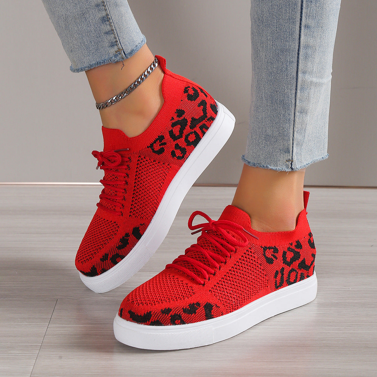 Red and Black Leopard Flat Lace Up Sneakers