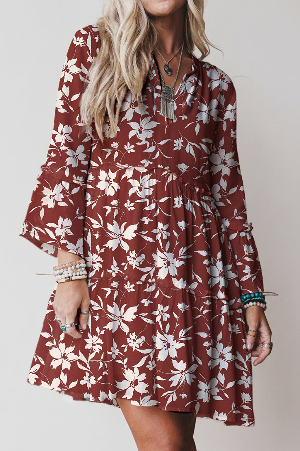 Sky Blue Boho Floral Print Lettuce Trim 3/4 Sleeve Mini Dress Red 100%Viscose Bazaare Mart Dresses/Floral Dresses