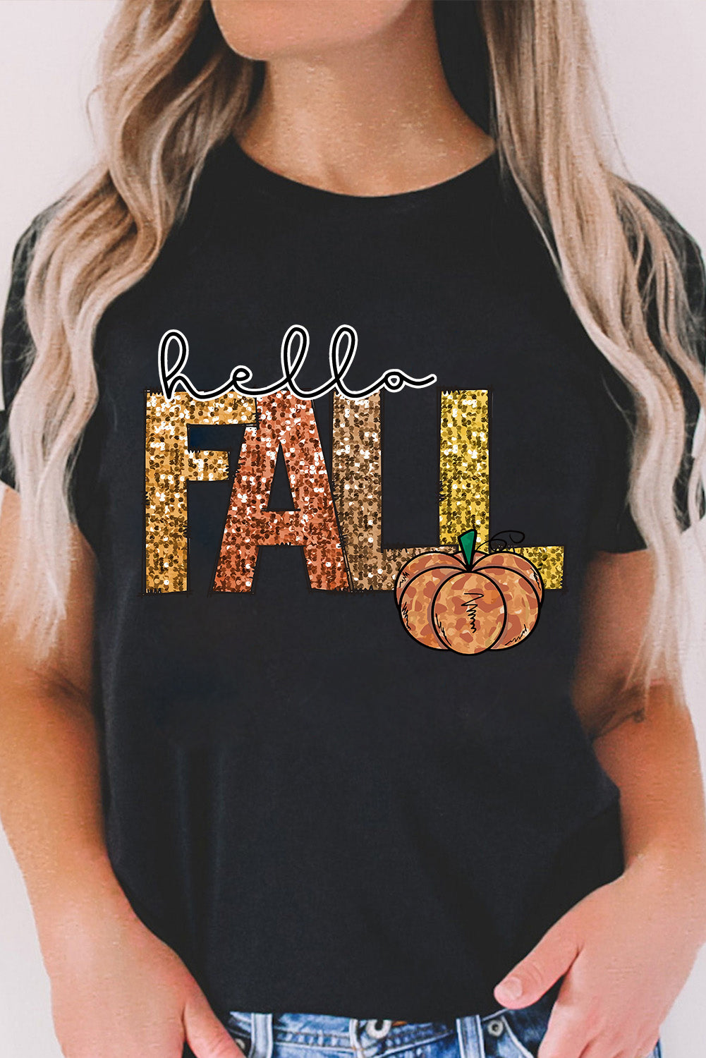 Black Hello Fall Pumpkin Graphic T Shirt