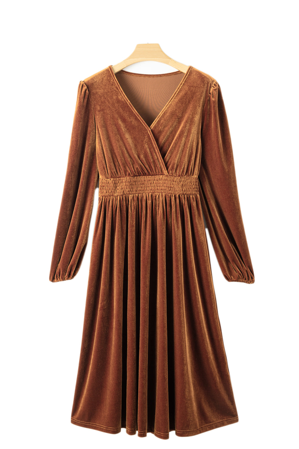 Camel Surplice V Neck Balloon Sleeve Velvet Dress