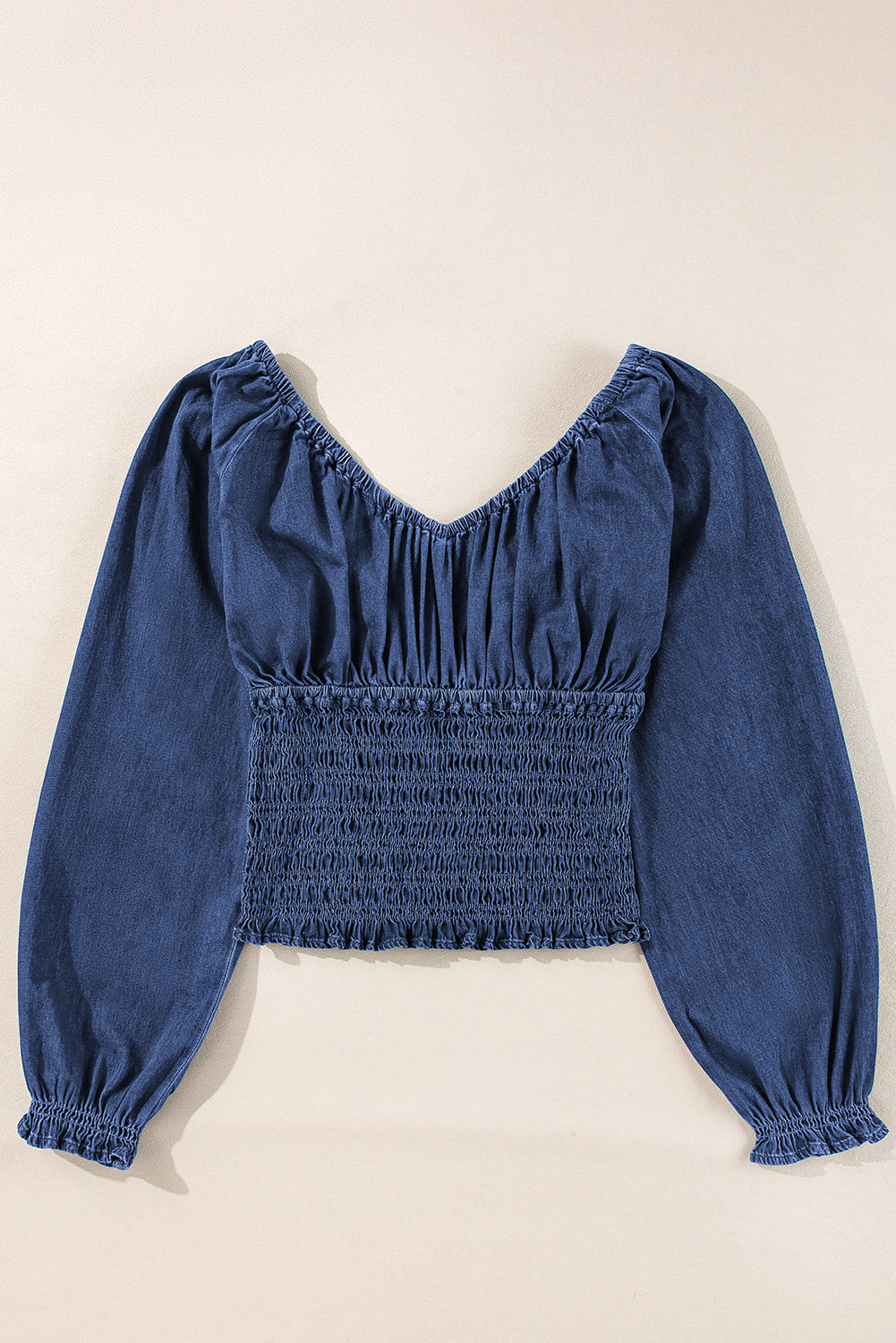 Dark Blue Smocked Ruffled Puff Long Sleeve Denim Blouse