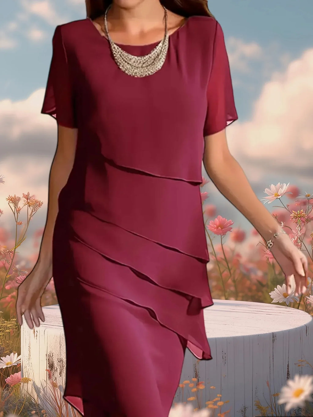 Round Neck Half Sleeve Layered Chiffon Dress Bazaare Mart Short Sleeve Dress