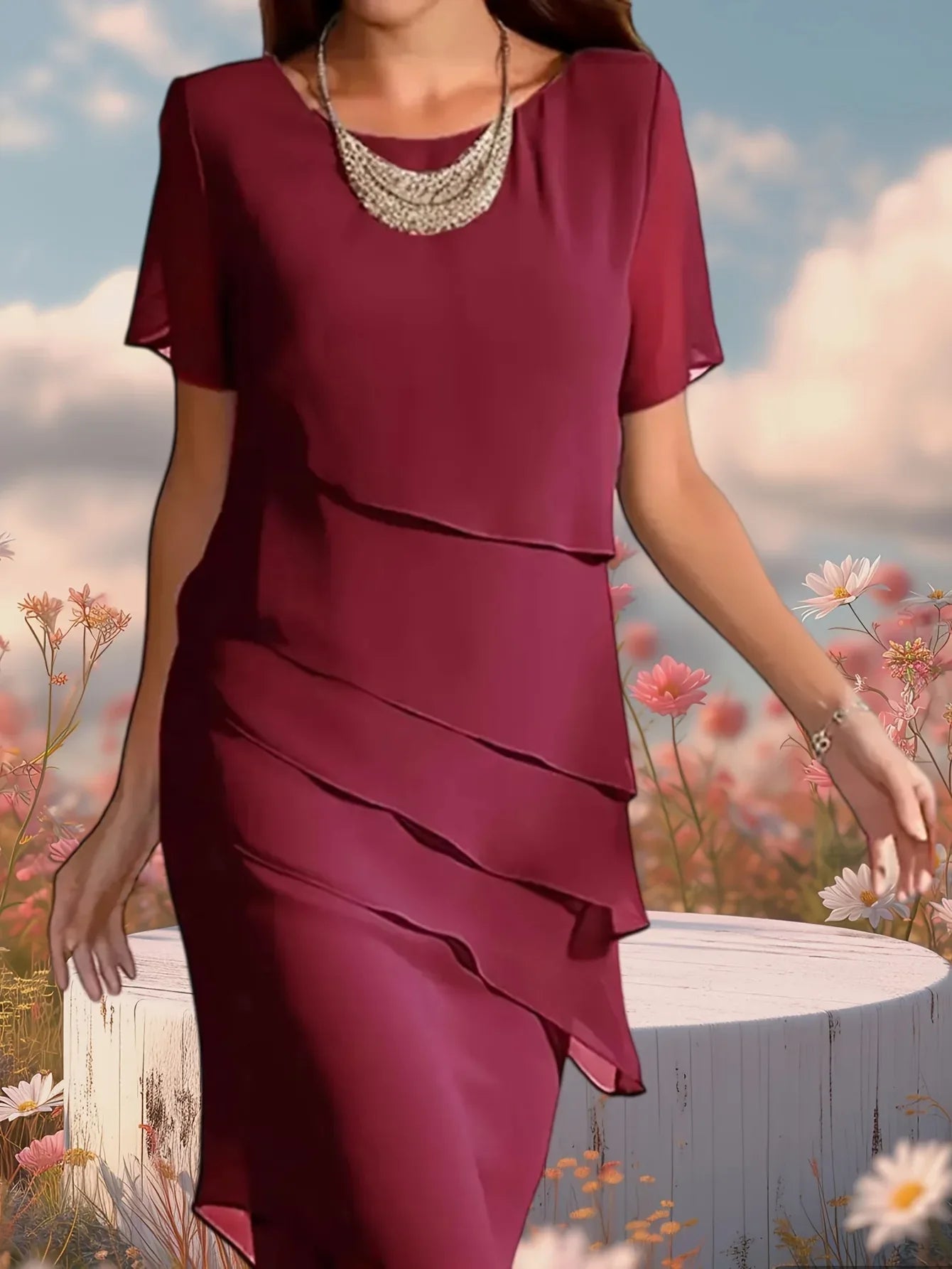 Round Neck Half Sleeve Layered Chiffon Dress Bazaare Mart Short Sleeve Dress