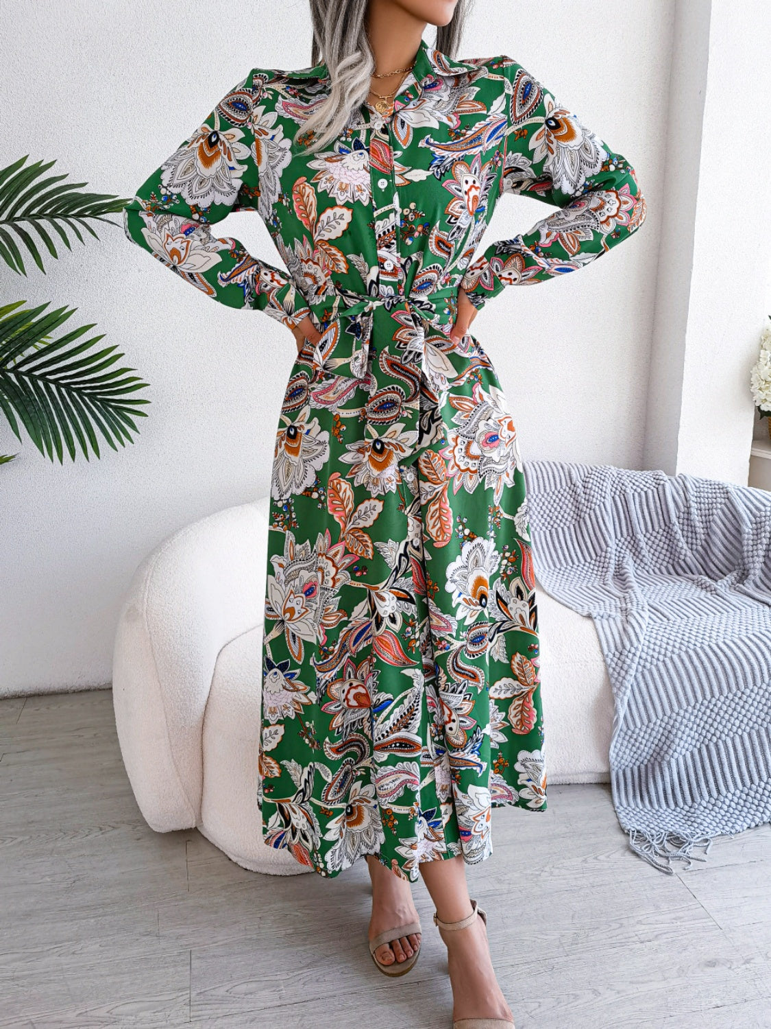 Tied Floral Long Sleeve Midi Dress