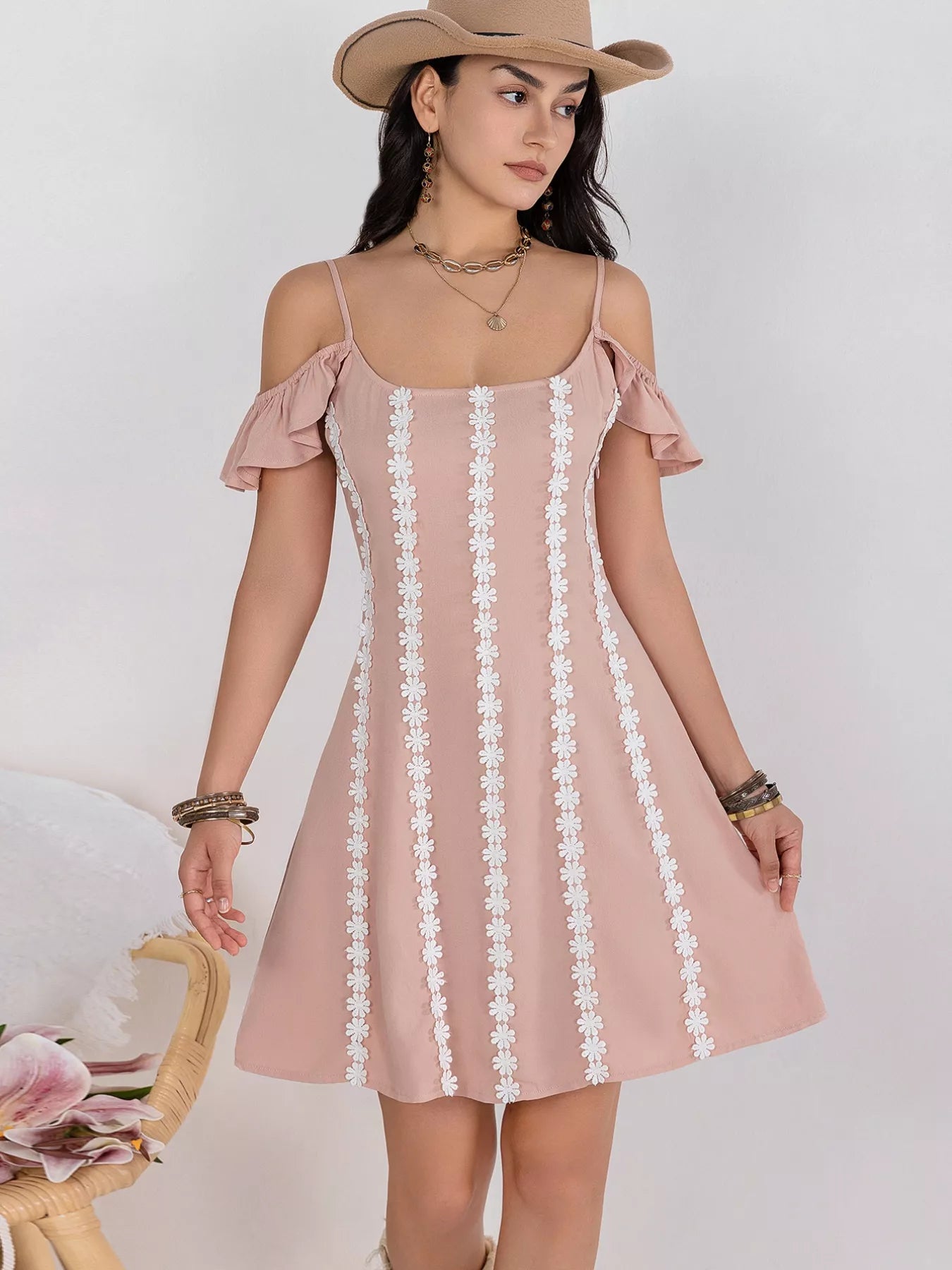 Pale Pink Stripe Floral Lace Cold Shoulder A-Line Dress Pale Blush Bazaare Mart Floral Lace Trim Cold Shoulder A-Line Dress