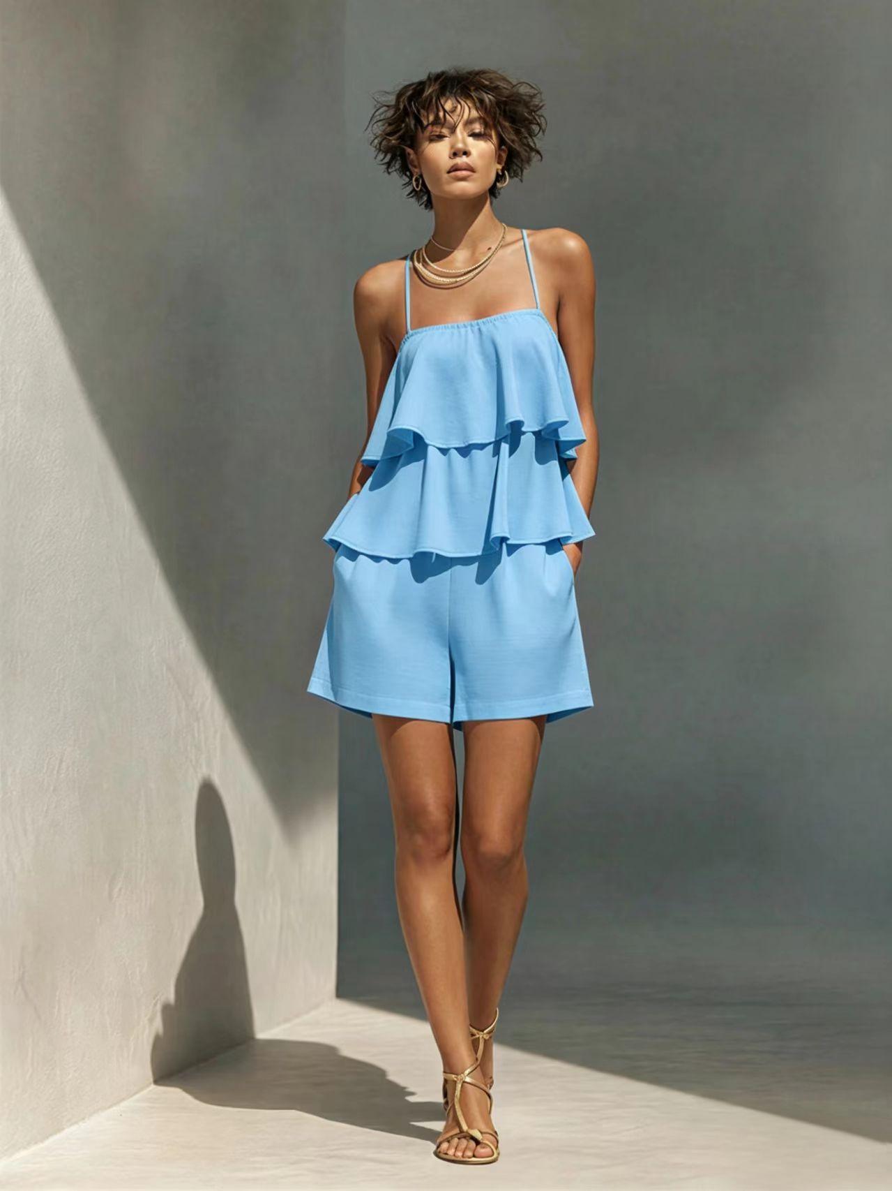 Women’s Ruffle Camisole & Shorts Two-Piece Set Sky Blue CJ Dropshipping Ruffled Camisol Shorts Set