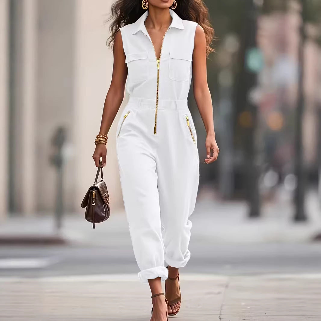Retro Sleeveless Gold Zip Jumpsuit White CJ Dropshipping Sleeveless Jumpsuit