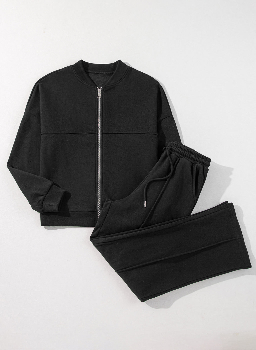 Black Zipper Jacket Drawstring Waist Pants Set