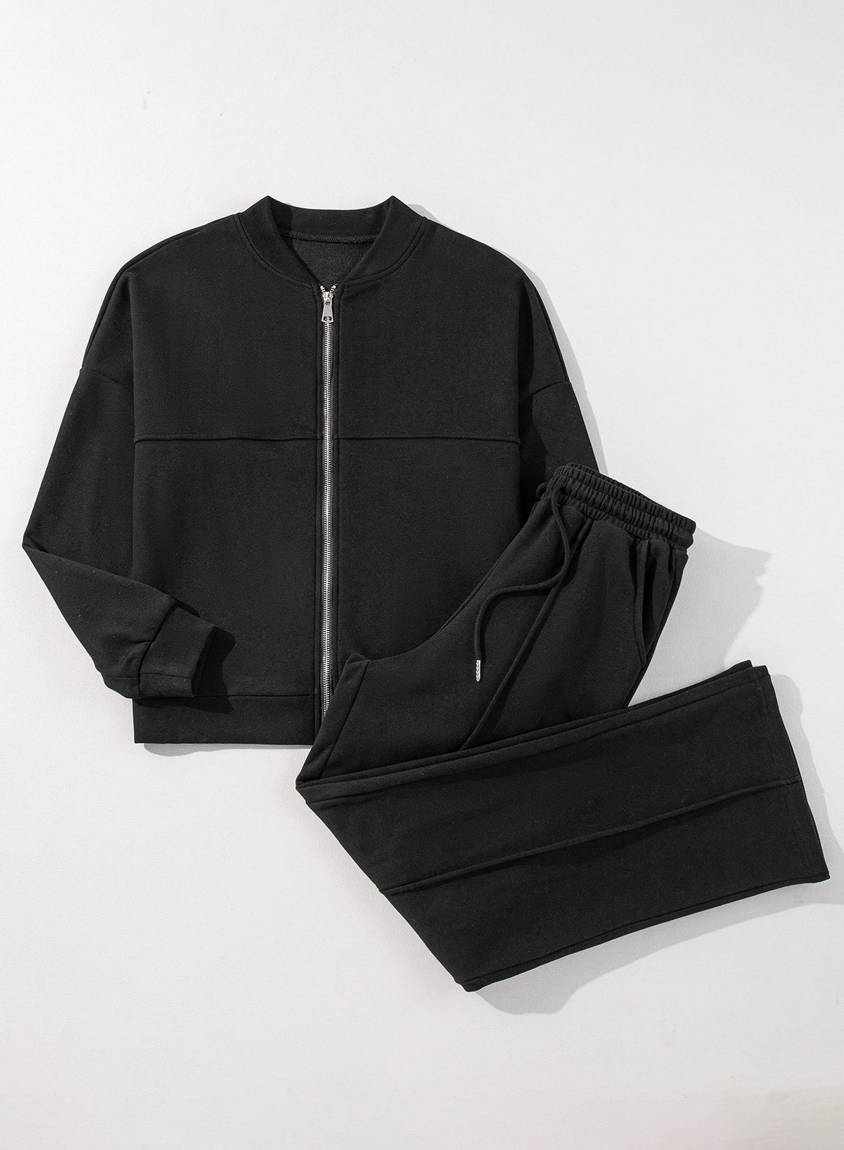 Black Zipper Jacket Drawstring Waist Pants Set