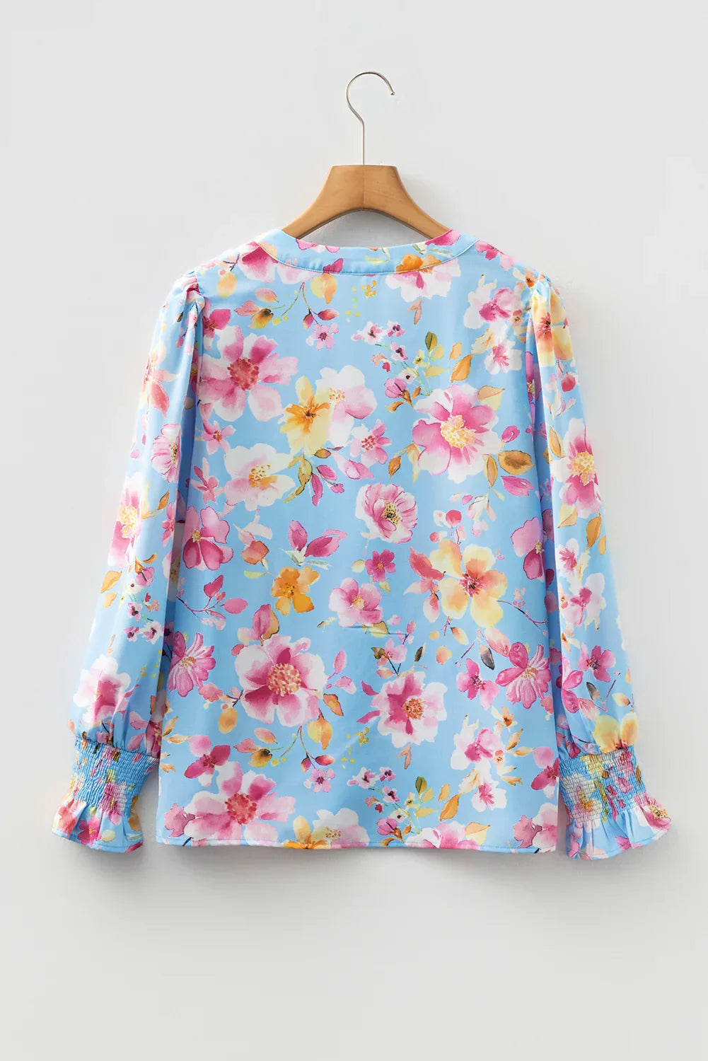 Blue Floral Smocked Cuff Long Flounce Sleeve V Neck Blouse