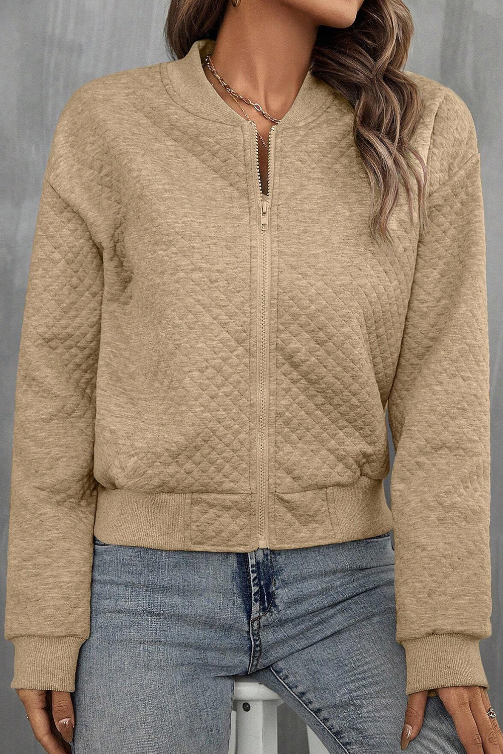Pale Khaki Solid Textured Baseball Collar Jacket Dear-Lover Dropshipping Outerwear/Jackets